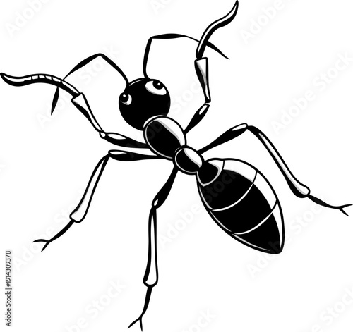 A detailed, photorealistic image of a single ant is displayed against a pure white background. The ant is depicted in sharp focus, showcasing its intricate exoskeleton details. It is positioned at a s