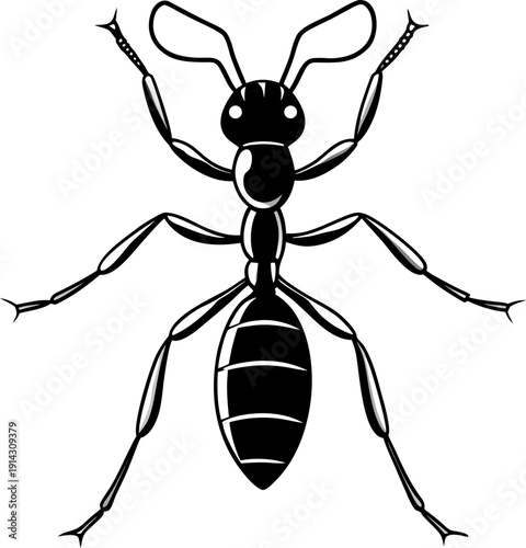 A detailed, photorealistic image of a single ant is displayed against a pure white background. The ant is depicted in sharp focus, showcasing its intricate exoskeleton details. It is positioned at a s