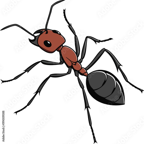 A detailed, photorealistic image of a single ant is displayed against a pure white background. The ant is depicted in sharp focus, showcasing its intricate exoskeleton details. It is positioned at a s