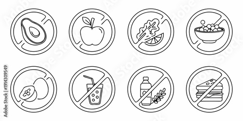 Set of diverse outline icons depicting forbidden food and drink items, representing dietary restrictions, health guidelines, or unhealthy choices for various diets and wellness concepts