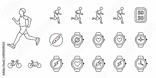 Set of outline icons for fitness, running, cycling, and smartwatches, perfect for active lifestyle and health tracking applications