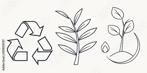 Environmental icons for recycling, plant growth, and water conservation illustrating sustainability and eco-friendly practices