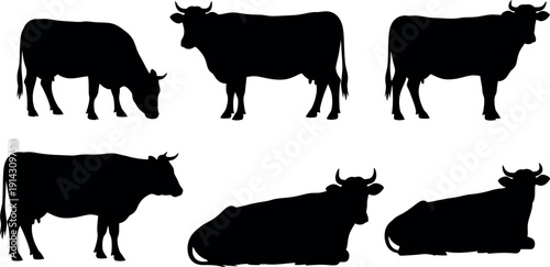 Six black silhouettes of cows in various poses