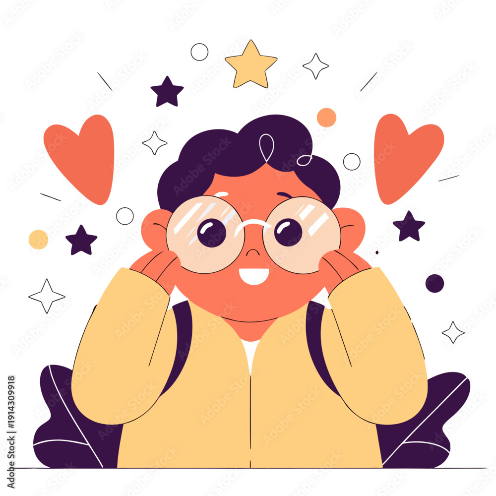 Fototapeta premium Cute chibi boy with a tiny backpack and oversized glasses, surrounded by doodle-style hearts and stars, joyful expression, vivid vector art, clean white sticker border. 