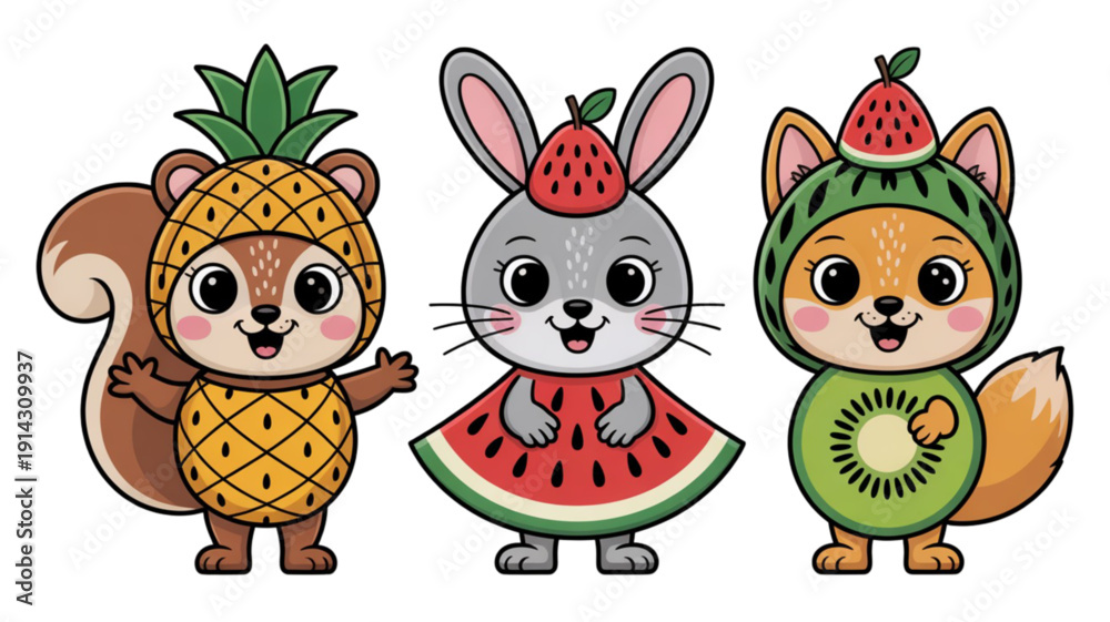 Naklejka premium Cartoon animals in fruit costumes isolated on transparent background.