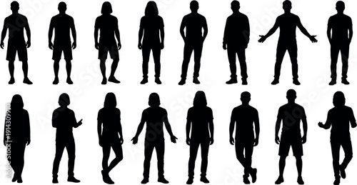 Collection of 14 black silhouettes of people in various poses