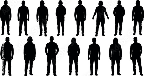 Collection of 14 black silhouettes of people in various stances