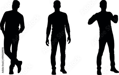 Three black silhouettes of men in different poses
