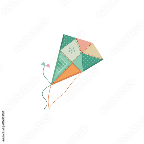 Colorful patchwork kite with tail and small triangular streamer flying high