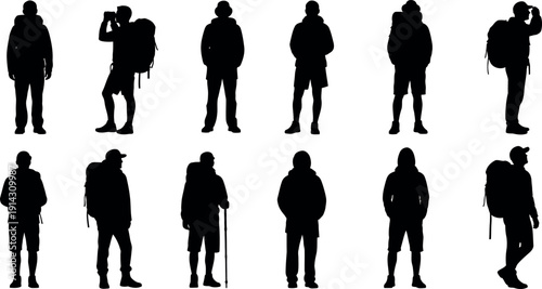 Collection of 12 black silhouettes of people in various poses