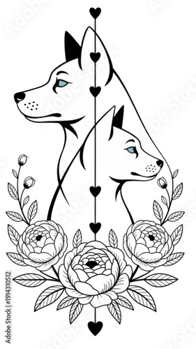 Black and white dog head illustration isolated on transparent background.
