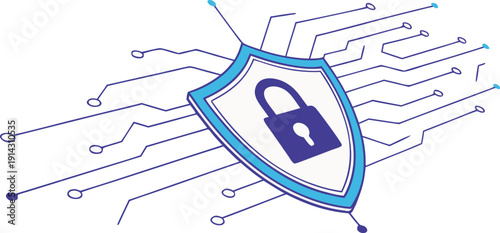 A digital security concept illustration against a clean white background. The central subject is a blue shield with a padlock icon centered on it, implying security. The shield is bordered by a darker