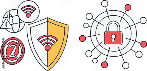 A digital security concept illustration against a clean white background. The central subject is a blue shield with a padlock icon centered on it, implying security. The shield is bordered by a darker