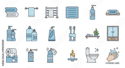 Collection of bathroom hygiene and cleaning icons