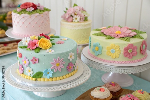 Colorful cakes in spring tones
