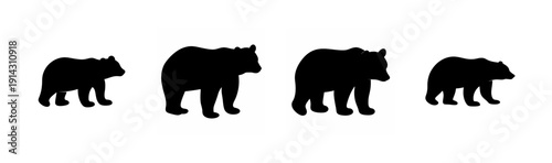 Four black bear silhouettes walking in a row from smallest to largest Vector, illustration