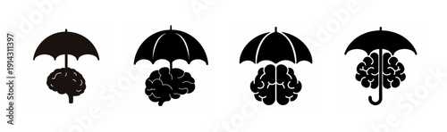 Five black umbrellas hanging in a row on a rainy day Vector, illustration