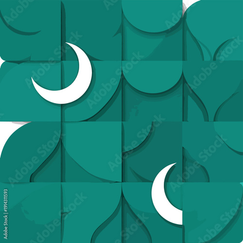 Geometric Lunar Motif: A symmetrical composition of teal geometric shapes interplays with pristine white crescent moons, presenting a balance of modernity and serenity.