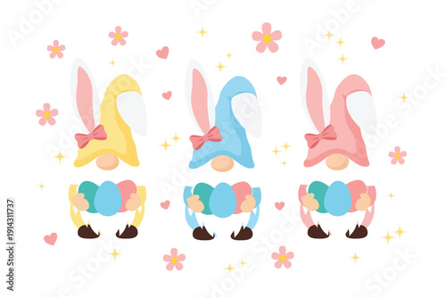 Cute Easter gnome illustration set with colorful eggs, bunny ears and playful spring holiday characters