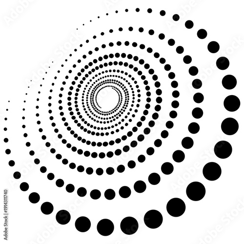 A dynamic, abstract design composed of concentric circles formed by small, solid black dots against a stark white background. The circles increase in diameter from the center outwards, creating a sens