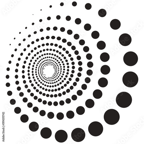 A dynamic, abstract design composed of concentric circles formed by small, solid black dots against a stark white background. The circles increase in diameter from the center outwards, creating a sens