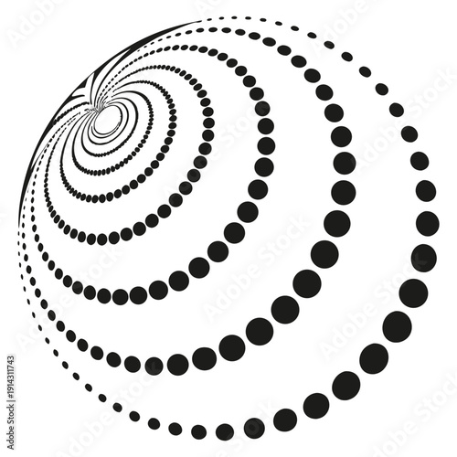 A dynamic, abstract design composed of concentric circles formed by small, solid black dots against a stark white background. The circles increase in diameter from the center outwards, creating a sens