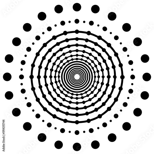 A dynamic, abstract design composed of concentric circles formed by small, solid black dots against a stark white background. The circles increase in diameter from the center outwards, creating a sens