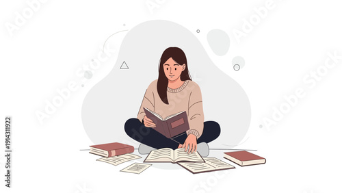 Young Woman Reading Books, Studying, Learning, Sitting on Floor