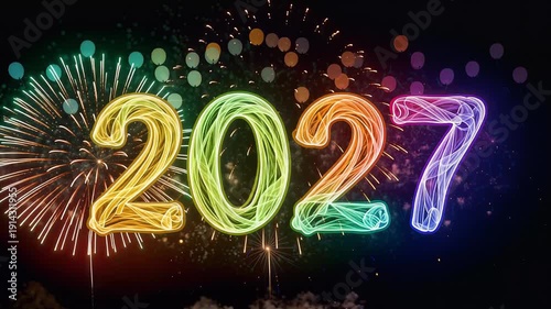 Green Glow 2027 New Year Fireworks Celebration with Vibrant Neon Numbers and Festive Night Party Mood