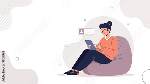 Woman using tablet on bean bag, notification icon, modern flat illustration
