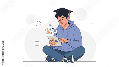 Student with Graduation Cap Using Tablet, Digital Learning, Online Education Concept