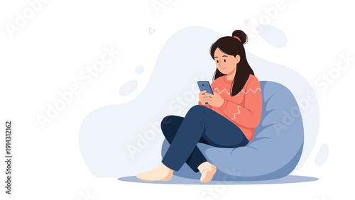 Young Woman Relaxing on Beanbag Chair Using Smartphone