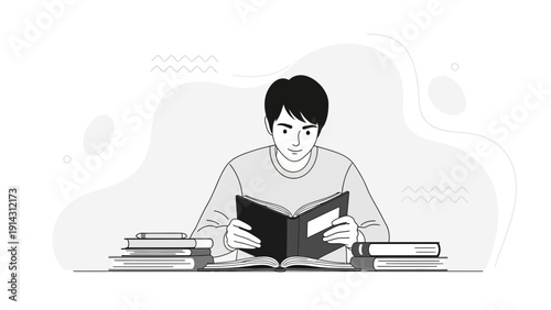 Young man studying with books in a minimalist black and white illustration.