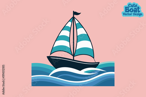 Navy blue ship, teal striped sails, cutting through waves, ocean breeze wind, sailing regatta art, bold nautical vessel, maritime sport, travel adventure, sea foam texture, flat graphic vector.