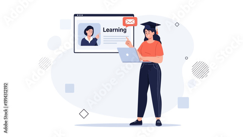 Online Learning Student with Laptop and Graduation Cap