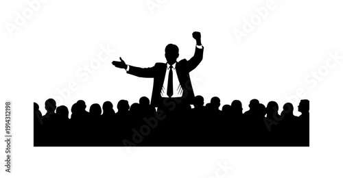 Confident leader silhouette addressing a crowd with authority and passion