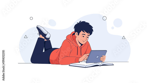 Young boy using tablet computer lying on floor with book, modern lifestyle illustration