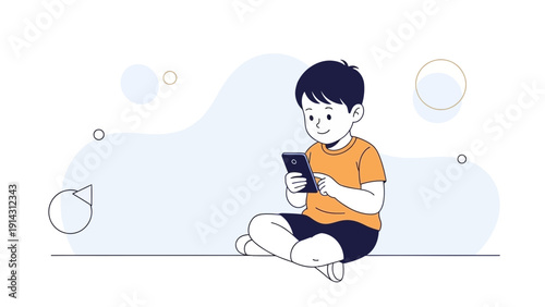 Young boy playing with smartphone, sitting cross-legged, modern illustration
