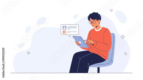 Young man using tablet, online communication and social media concept