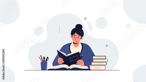 Young Woman Reading Book at Desk, Studying Knowledge, Education Concept