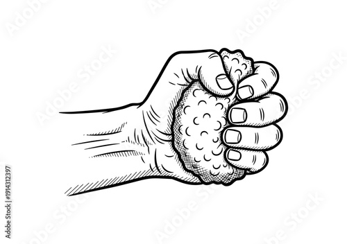 Hand gripping stress ball in vintage engraving style for relaxation and therapy concepts