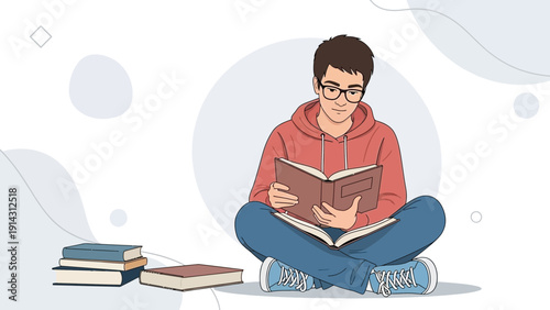 Young man in glasses reading a book, sitting cross-legged, surrounded by books.