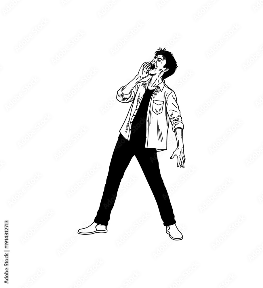 Naklejka premium Dynamic black and white illustration of a person yelling stylish expression