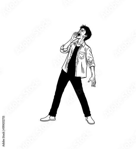 Dynamic black and white illustration of a person yelling stylish expression
