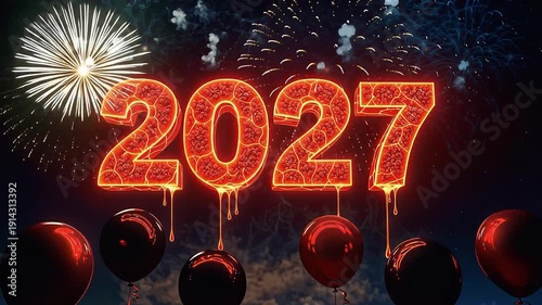Red Neon 2027 New Year Celebration with Fiery Glow Numbers, Explosive Fireworks and Party Night Background