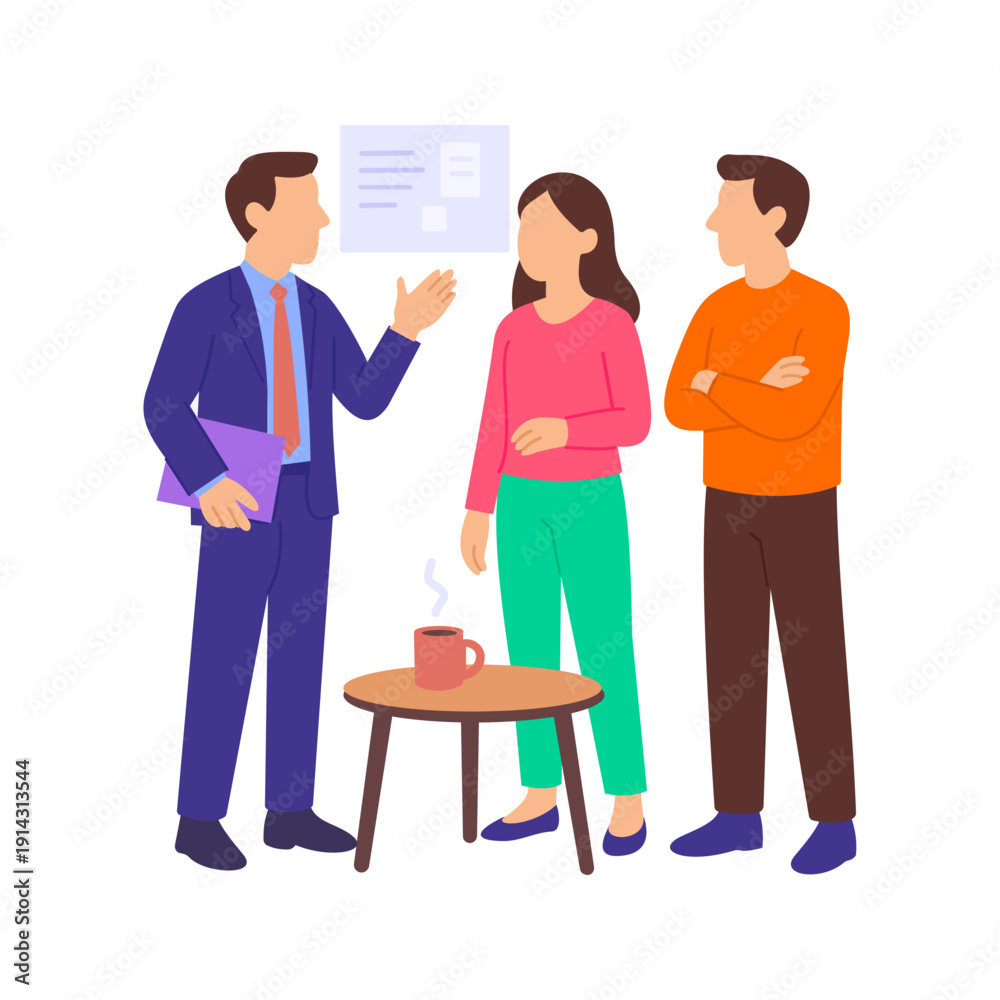 Obraz premium Icebreaker Talk, starting meeting with engaging introduction conversation, Flat vector character illustration