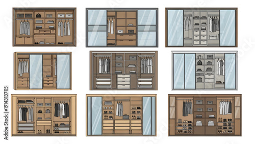 Modern Sliding Closet Units with Custom Internal Divisions Vector Collection for Interior Layouts