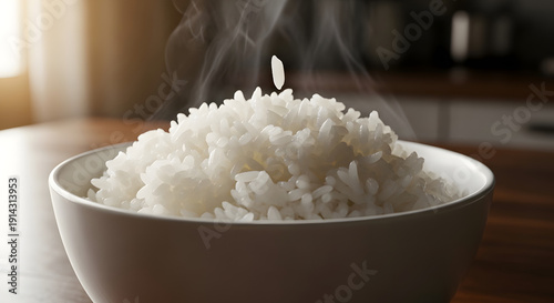 Steaming Bowl of Freshly Cooked White Rice on Wooden Table