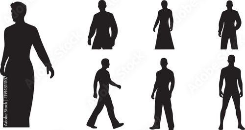 Silhouettes of people in various poses and activities against a white background