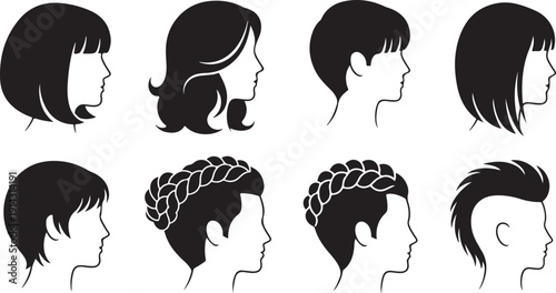 A collection of various hairstyles for women displayed in a series of line art illustrations